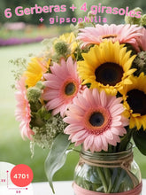 Centro de mesa de 6 Gerberas Color Rosa y 4 Girasoles en Florero Mason Jar México